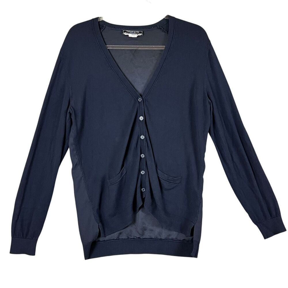 Tiffany & Company Wardrobe Women L Button Cardigan Navy Mix Media Pockets